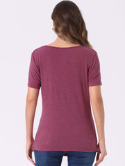 Cowl Neck Short Sleeve Casual Basic Solid Knitted Buttons Decor Ruched Top