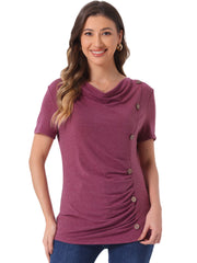 Cowl Neck Short Sleeve Casual Basic Solid Knitted Buttons Decor Ruched Top