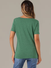 Cowl Neck Short Sleeve Casual Basic Solid Knitted Buttons Decor Ruched Top
