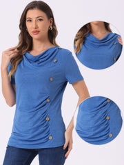 Cowl Neck Short Sleeve Casual Basic Solid Knitted Buttons Decor Ruched Top