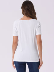 Cowl Neck Short Sleeve Casual Basic Solid Knitted Buttons Decor Ruched Top