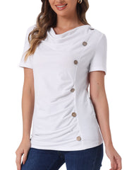 Cowl Neck Short Sleeve Casual Basic Solid Knitted Buttons Decor Ruched Top