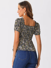 Puff Short Sleeve Floral Shirred Ruffle Peplum Blouse