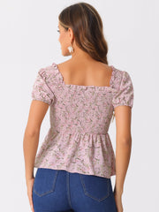 Puff Short Sleeve Floral Shirred Ruffle Peplum Blouse