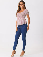 Puff Short Sleeve Floral Shirred Ruffle Peplum Blouse