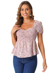 Puff Short Sleeve Floral Shirred Ruffle Peplum Blouse