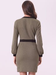 Houndstooth V Neck Long Sleeve Elegant Sheath Dresses