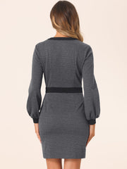 Houndstooth V Neck Long Sleeve Elegant Sheath Dresses