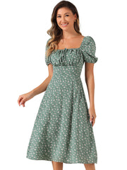 Square Neck Smocked Shirred Puff Sleeves Floral Midi Dress
