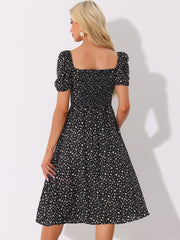 Square Neck Smocked Shirred Puff Sleeves Floral Midi Dress