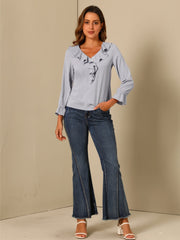 Ruffle Neck Gathered Cuff Long Sleeves Blouse