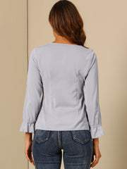 Ruffle Neck Gathered Cuff Long Sleeves Blouse