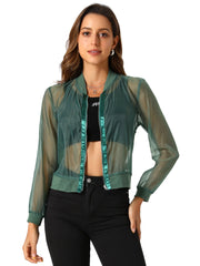Zip Up See Through Lightweight Long Sleeve Mesh Bomber Jacket