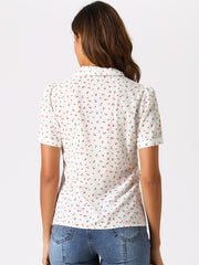 Short Sleeve Casual Cherry Print Notched Lapel Collar Shirt Blouse