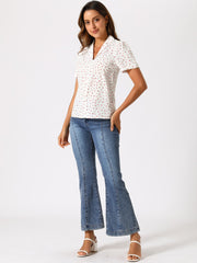 Short Sleeve Casual Cherry Print Notched Lapel Collar Shirt Blouse