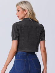 Casual Button-Down Puff Long Sleeve Crop Denim Jacket