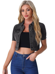 Casual Button-Down Puff Long Sleeve Crop Denim Jacket