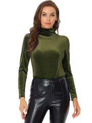 Turtleneck Velvet Top Long Sleeve Work Shirt Basic Velour Blouse