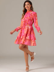 Floral Chiffon Long Sleeve Mock Neck Ruffle Layered Mini Dress