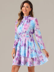 Floral Chiffon Long Sleeve Mock Neck Ruffle Layered Mini Dress