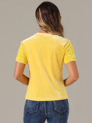 Glitter Sequin Velvet Crew Neck Short Sleeve Party Clubwear Blouse