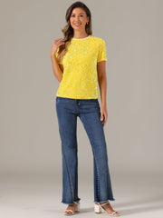 Glitter Sequin Velvet Crew Neck Short Sleeve Party Clubwear Blouse