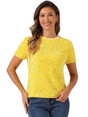Glitter Sequin Velvet Crew Neck Short Sleeve Party Clubwear Blouse