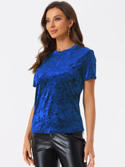 Velvet Crew Neck Short Sleeve Casual T-Shirt Top