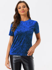 Velvet Crew Neck Short Sleeve Casual T-Shirt Top