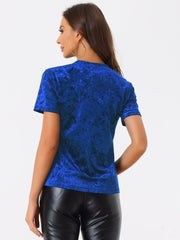 Velvet Crew Neck Short Sleeve Casual T-Shirt Top