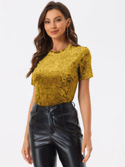 Velvet Crew Neck Short Sleeve Casual T-Shirt Top