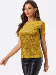 Velvet Crew Neck Short Sleeve Casual T-Shirt Top