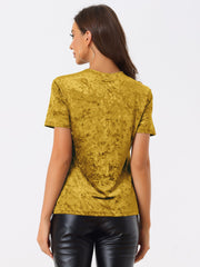 Velvet Crew Neck Short Sleeve Casual T-Shirt Top
