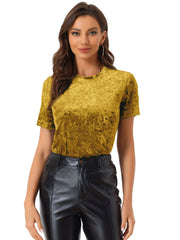 Velvet Crew Neck Short Sleeve Casual T-Shirt Top