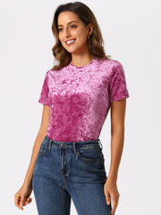 Velvet Crew Neck Short Sleeve Casual T-Shirt Top