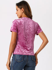 Velvet Crew Neck Short Sleeve Casual T-Shirt Top