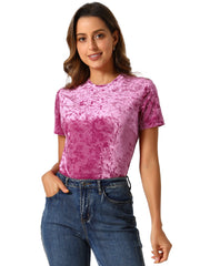 Velvet Crew Neck Short Sleeve Casual T-Shirt Top