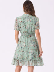 Floral Smocked Tie Neck Puff Sleeve Ruffle Chiffon Tiered Dress