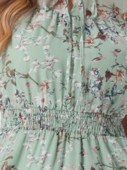 Floral Smocked Tie Neck Puff Sleeve Ruffle Chiffon Tiered Dress