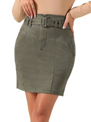 Faux Suede Casual High Waist Belted A-Line Mini Skirts