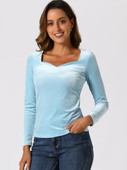Casual Velvet Long Sleeve Solid Color Sweetheart Neck Blouse