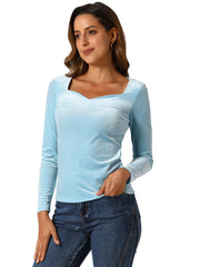 Casual Velvet Long Sleeve Solid Color Sweetheart Neck Blouse