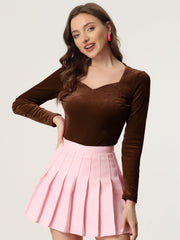 Casual Velvet Long Sleeve Solid Color Sweetheart Neck Blouse