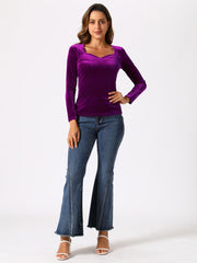 Casual Velvet Long Sleeve Solid Color Sweetheart Neck Blouse