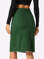 Casual High Waist Back Slit Stretch Denim Midi Skirt