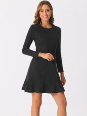 Faux Suede Round Neck Long Sleeve Ruffle Hem Party Mini Dress