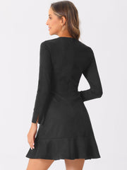 Faux Suede Round Neck Long Sleeve Ruffle Hem Party Mini Dress