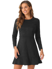 Faux Suede Round Neck Long Sleeve Ruffle Hem Party Mini Dress
