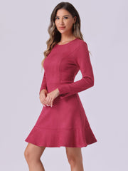 Faux Suede Round Neck Long Sleeve Ruffle Hem Party Mini Dress