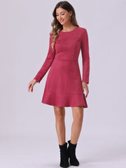 Faux Suede Round Neck Long Sleeve Ruffle Hem Party Mini Dress